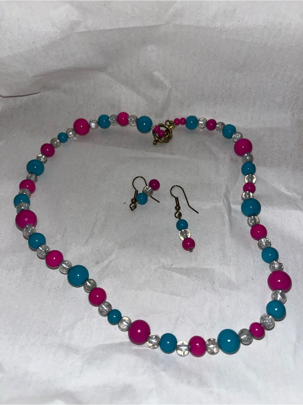 Handmade Pink Turquoise Blue Clear Beaded Necklace & Earrings Set 17”